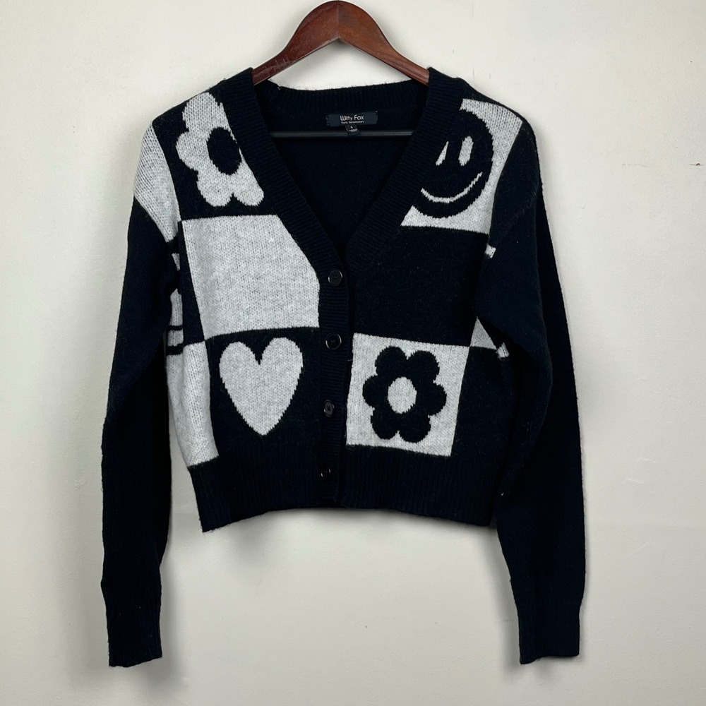 Witty Fox Cardigan Sweater Small Black White Graphic Heart Flower Whimsigoth Y2K
